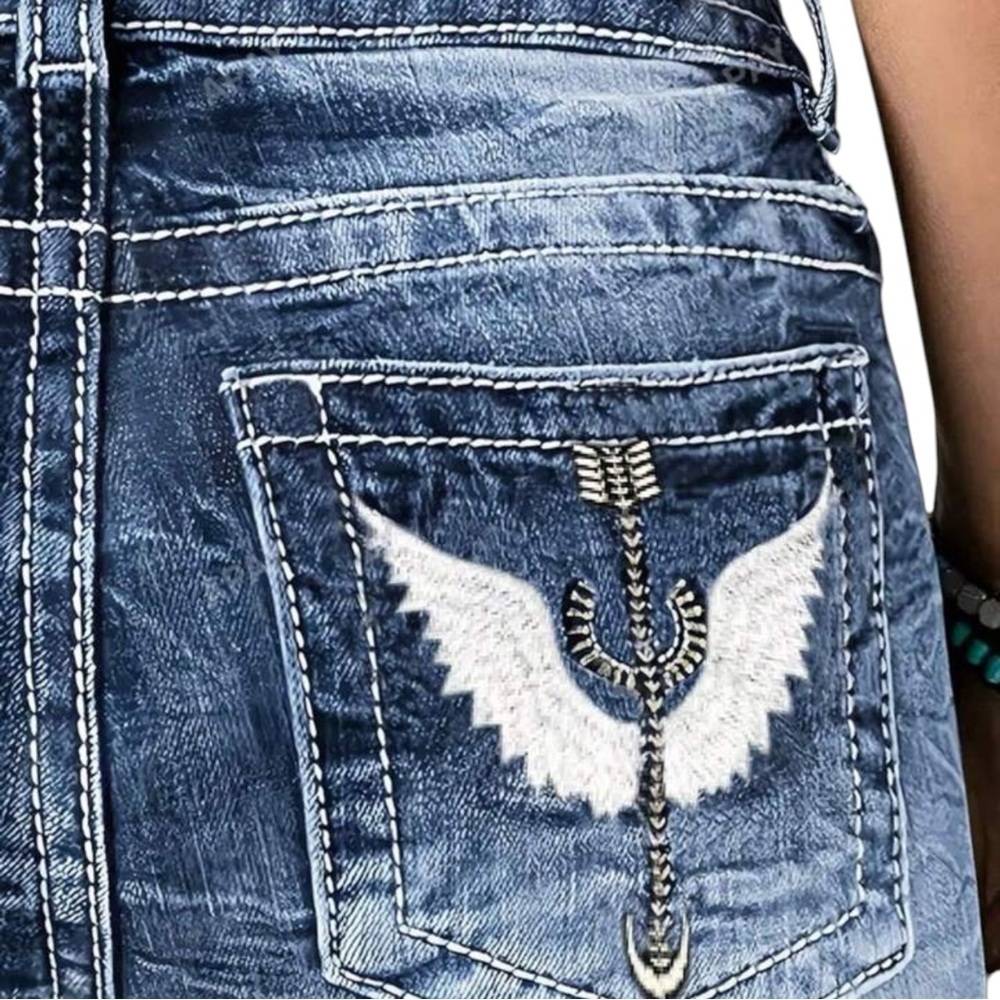 Wing and Arrow Embroidery Pockets Flared Denim Jeans Women's Small - Picture 12 of 14